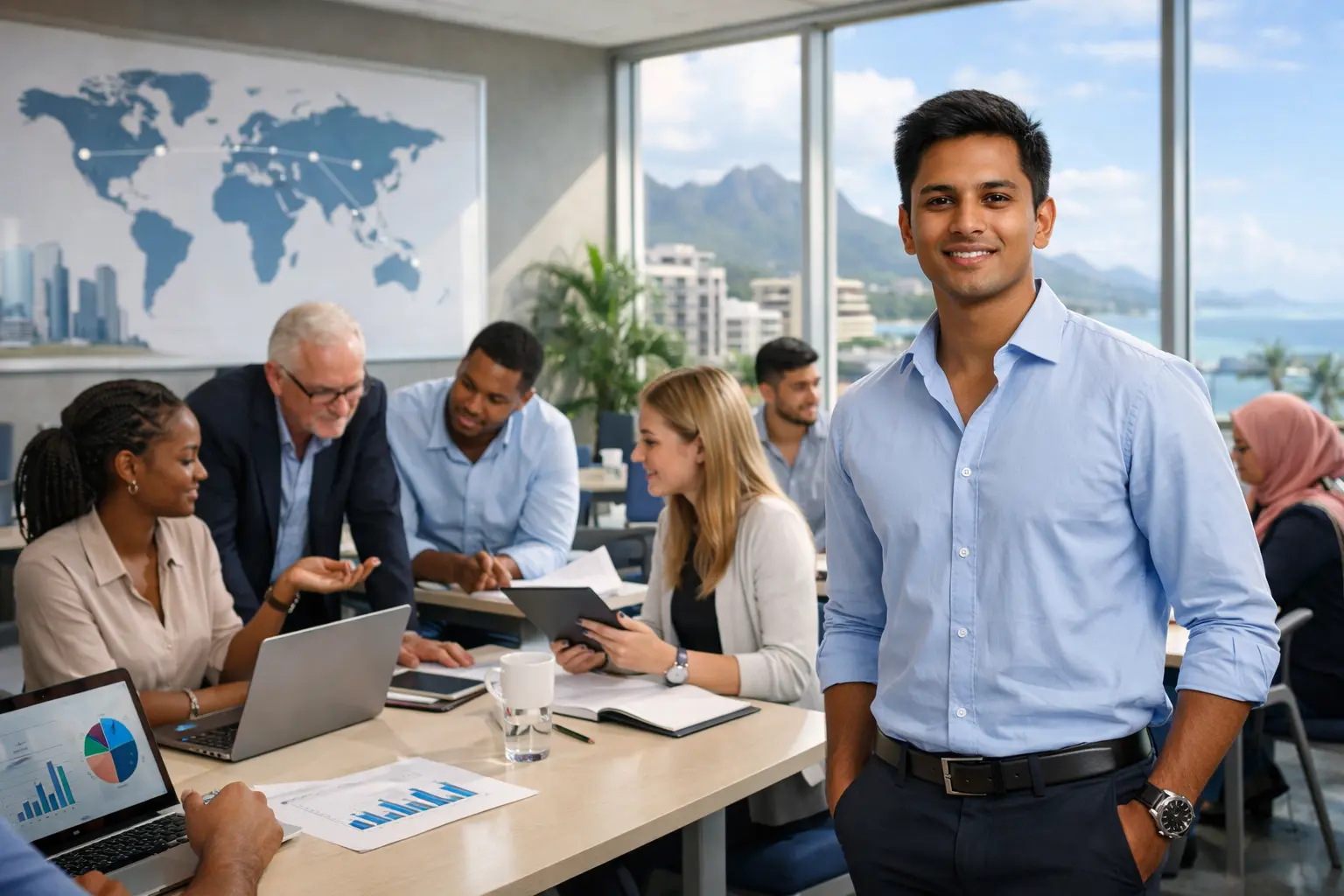 Confident international student standing in a modern classroom while peers collaborate on projects, representing business management courses in Mauritius and global career-focused learning.