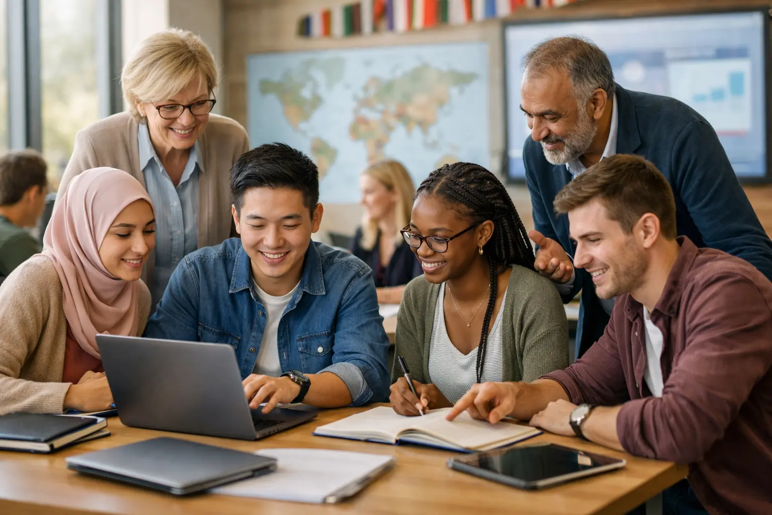 International students studying together with faculty support in a collaborative classroom, representing business management courses in Mauritius and a global academic environment.