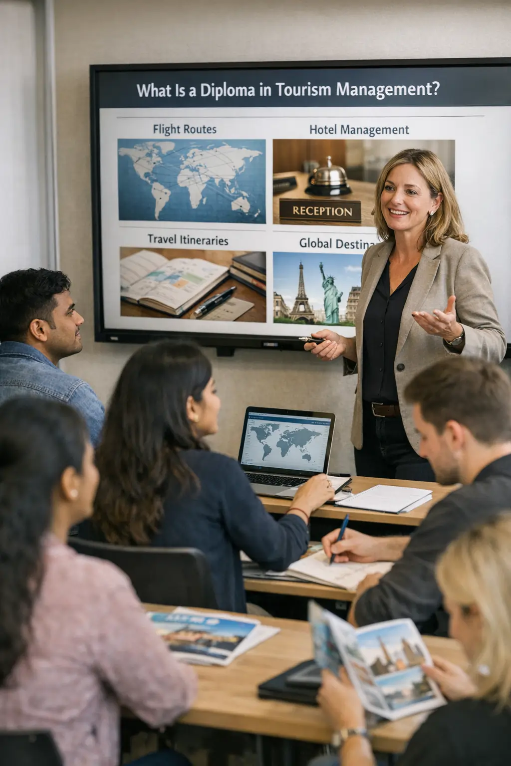 Classroom session explaining Diploma in Tourism Management, with students learning flight routes, hotel management, travel itineraries, and global destinations.