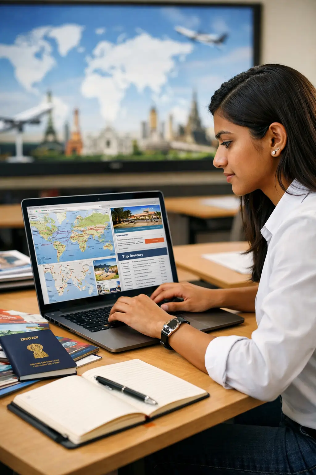 Student planning travel itineraries on a laptop while studying Diploma in Tourism Management, focusing on global tourism and travel operations.