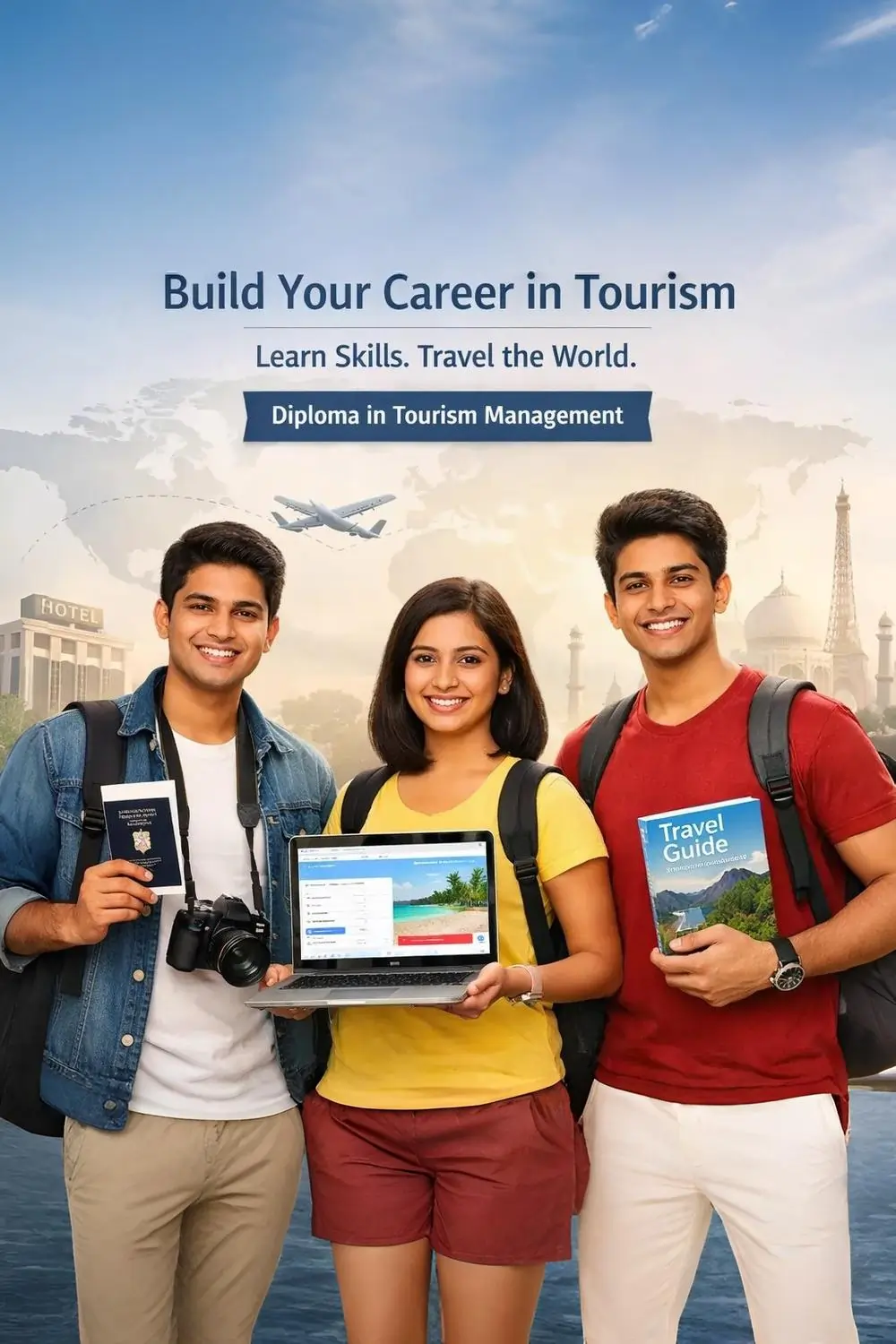 Students promoting a Diploma in Tourism Management, showcasing travel planning, global destinations, and tourism career opportunities.